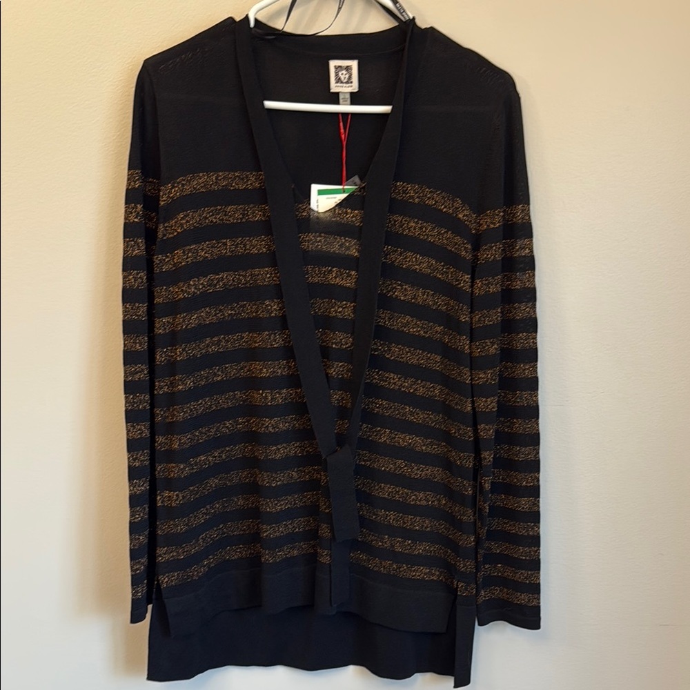 Anne Klein Black and Gold Striped V-neck Sweater